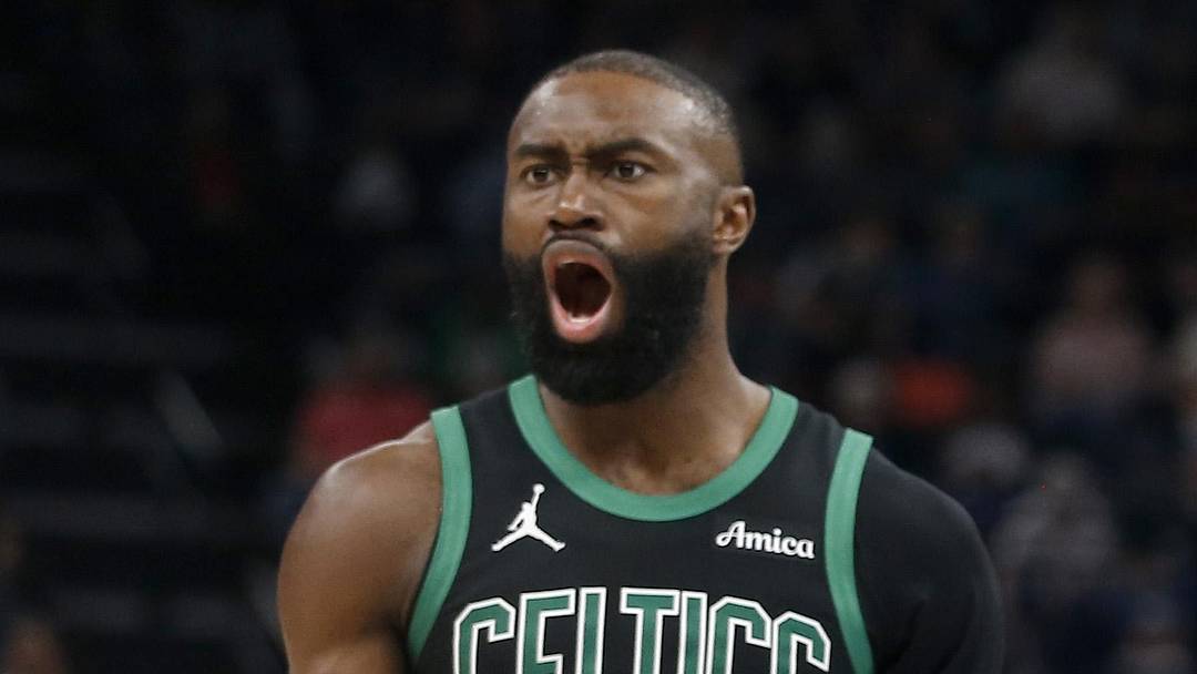 Mar 20, 2026; Memphis, Tennessee, USA; Boston Celtics guard Jaylen Brown (7) and forward Jayson Tatum (0) react during the third quarter against the Memphis Grizzliesat FedExForum. Mandatory Credit: Petre Thomas-Imagn Images