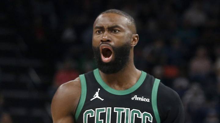 Mar 20, 2026; Memphis, Tennessee, USA; Boston Celtics guard Jaylen Brown (7) and forward Jayson Tatum (0) react during the third quarter against the Memphis Grizzliesat FedExForum. Mandatory Credit: Petre Thomas-Imagn Images