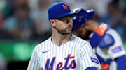 Jun 10, 2025; New York City, New York, USA; New York Mets starting pitcher Griffin Canning (46) reacts after being taken out of the game against the Washington Nationals during the sixth inning at Citi Field. Mandatory Credit: Brad Penner-Imagn Images