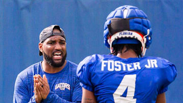 New Florida secondary coach Will Harris directs his defensive backs during the Florida Gators as they held their final open Spring football practice before the Orange and Blue Game at Sanders Practice Fields in Gainesville, FL on Tuesday, April 9, 2024. [Doug Engle/Gainesville Sun]