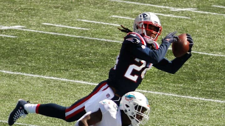 Patriots cornerback Stephon Gilmore intercepts a pass meant for the Miami Dolphins    Preston Williams during the season-opener Sept. 13 at Gillette Stadium.

Gilmore S Goal Every Game No Catches