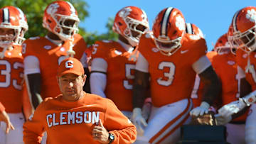 Clemson Tigers head coach Dabo Swinney leads the Tigers onto the field Saturday, Nov. 1, 2025, ahead of the NCAA football game against the Duke Blue Devils at Memorial Stadium in Clemson, South Carolina.