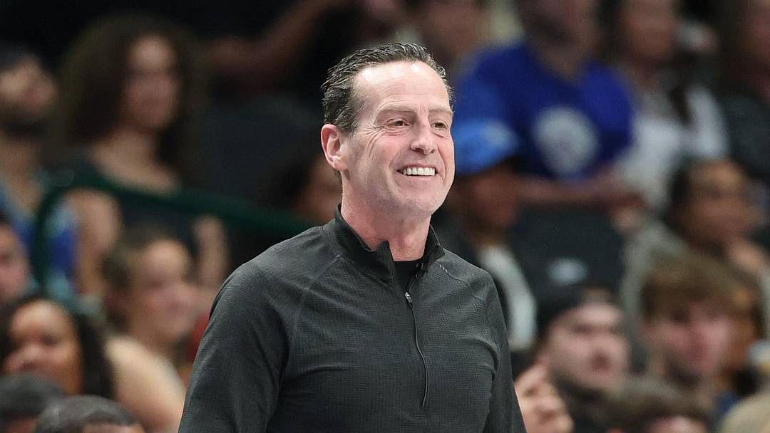 Mar 13, 2026; Dallas, Texas, USA;  Cleveland Cavaliers head coach Kenny Atkinson laughs during the second half against the Dallas Mavericks at American Airlines Center. Mandatory Credit: Kevin Jairaj-Imagn Images