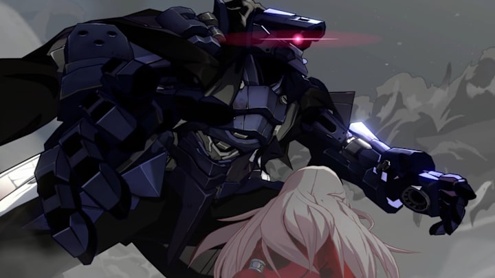 Honkai: Star Rail screenshot of the burly robot Svarog protecting Clara.