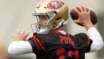 Jul 24, 2025; Santa Clara, CA, USA; San Francisco 49ers quarterback Brock Purdy (13) throws a pass during drills on the second day of training camp. Mandatory Credit: D. Ross Cameron-Imagn Images