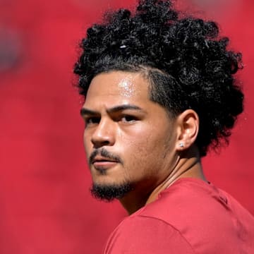 Sep 6, 2025; Los Angeles, California, USA;  USC Trojans quarterback Jayden Maiava (14) warms up prior to the game against the Georgia Southern Eagles at United Airlines Field at Los Angeles Memorial Coliseum. Mandatory Credit: Jayne Kamin-Oncea-Imagn Images