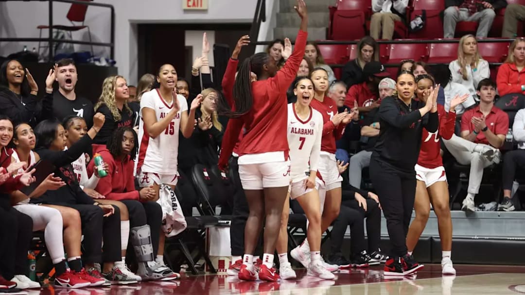 The Alabama Women's Basketball Team celebrates at Coleman Coliseum in Tuscaloosa, AL on Sunday, Mar 1, 2026.