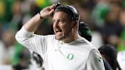 Oct 18, 2025; Piscataway, New Jersey, USA;  Oregon Ducks head coach Dan Lanning looks on during the second half against the Rutgers Scarlet Knights at SHI Stadium.