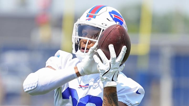 Jun 11, 2025; Orchard Park, NY, USA; Buffalo Bills safety Darrick Forrest (28) makes a catch during Minicamp at Highmark Stadium. Mandatory Credit: Gregory Fisher-Imagn Images