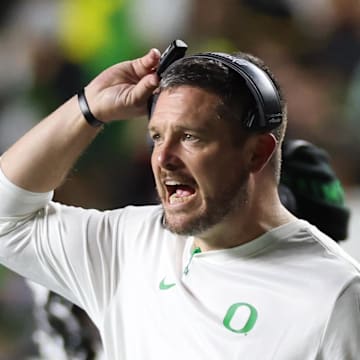 Oct 18, 2025; Piscataway, New Jersey, USA;  Oregon Ducks head coach Dan Lanning looks on during the second half against the Rutgers Scarlet Knights at SHI Stadium. 