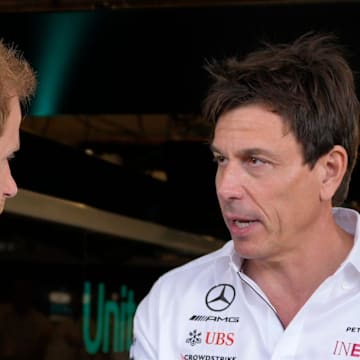 Prince Harry, Duke of Sussex, left, chats with Toto Wolff, Team Principal and CEO of Mercedes-AMG Petronas, in the garage at the Formula 1 Lenovo United States Grand Prix at Circuit of the Americas on Sunday October 22, 2023.