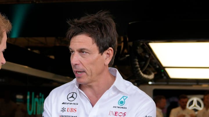 Prince Harry, Duke of Sussex, left, chats with Toto Wolff, Team Principal and CEO of Mercedes-AMG Petronas, in the garage at the Formula 1 Lenovo United States Grand Prix at Circuit of the Americas on Sunday October 22, 2023.