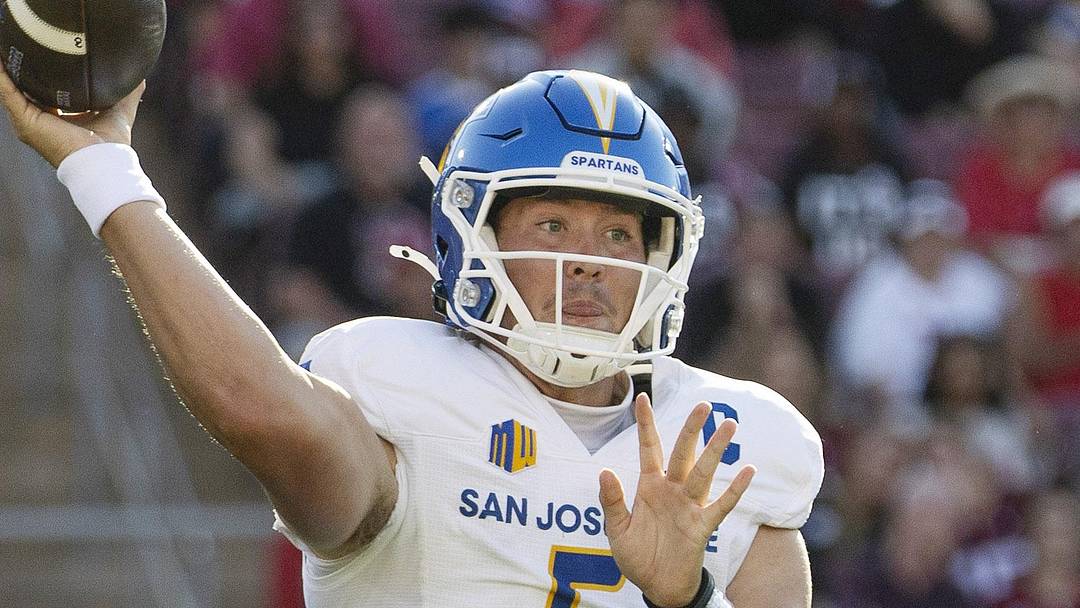 Sep 27, 2025; Stanford, California, USA;  San Jose State Spartans quarterback Walker Eget (5) throws the football during the first quarter against the Stanford Cardinal at Stanford Stadium. Mandatory Credit: Stan Szeto-Imagn Images