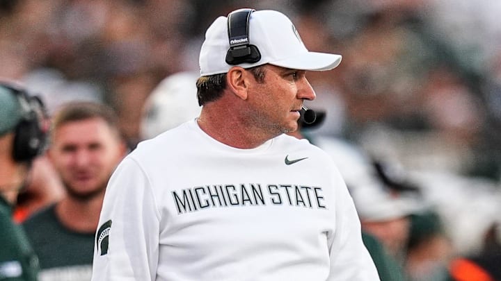 Michigan State head coach Jonathan Smith watches a play against Western Michigan during the first half at Spartan Stadium in East Lansing on Friday, August 29, 2025.