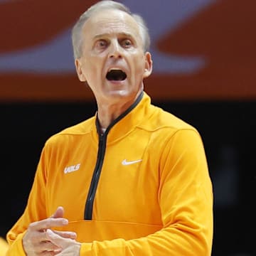 Nov 3, 2025; Knoxville, Tennessee, USA;  Tennessee Volunteers head coach Rick Barnes during the first half against the Mercer Bears at Thompson-Boling Arena at Food City Center. Mandatory Credit: Randy Sartin-Imagn Images