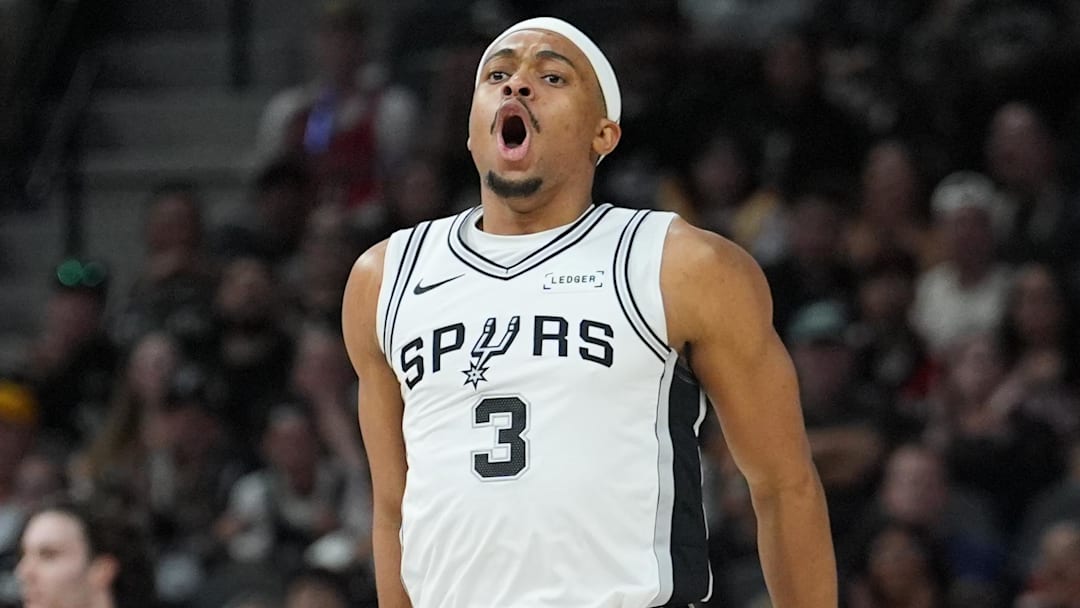 Mar 30, 2026; San Antonio, Texas, USA;  San Antonio Spurs forward Keldon Johnson (3) celebrates in the first half against the Chicago Bulls at Frost Bank Center. Mandatory Credit: Daniel Dunn-Imagn Images