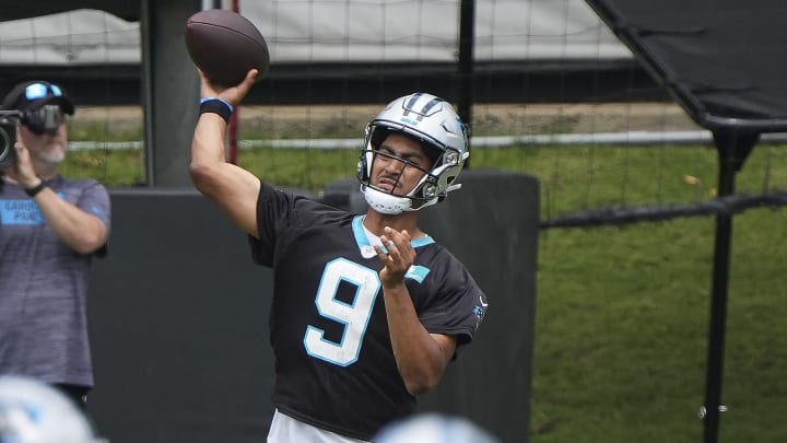 Jun 4, 2024; Charlotte, NC, USA; Carolina Panthers quarterback Bryce Young (9) throws during OTAs. Mandatory Credit: Jim Dedmon-USA TODAY Sports