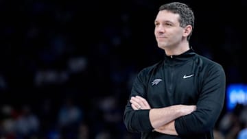 Oklahoma City head coach Mark Daigneault stands near the bench in the third quarter during an NBA game between Oklahoma City and Milwaukee at the Paycom Center in Oklahoma City on Monday, Feb. 3, 2025.