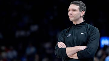 Oklahoma City head coach Mark Daigneault stands near the bench in the third quarter during an NBA game between Oklahoma City and Milwaukee at the Paycom Center in Oklahoma City on Monday, Feb. 3, 2025.