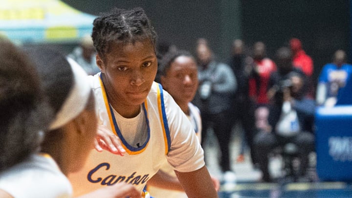 Canton's Shamira Morton (25) drives toward the key during play against Laurel during the MHSAA Class 5A girls basketball tournament championship Jackson, Miss., Friday, March 1, 2024.