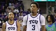 Frankie Collins and Vasean Allette take the floor in TCU's win over Florida Gulf Coast University on November 8, 2024.