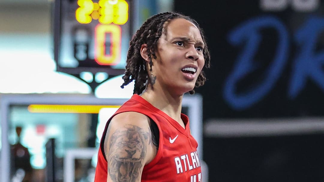 Atlanta Dream center Brittney Griner (42) reacts to a shot against the New York Liberty during the first quarter at Gateway Center Arena at College Park. 