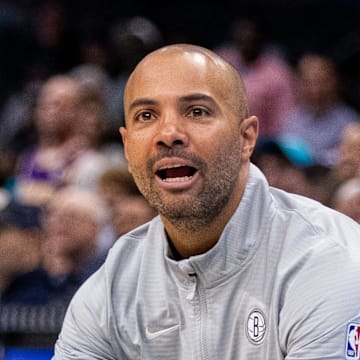 Mar 8, 2025; Charlotte, North Carolina, USA; Brooklyn Nets head coach Jordi Fernandez reacts during the fourth quarter against the Charlotte Hornets at Spectrum Center. Mandatory Credit: Scott Kinser-Imagn Images