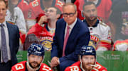 Jun 17, 2025; Sunrise, Florida, USA; Florida Panthers head coach Paul Maurice looks on during the third period in game six of the 2025 Stanley Cup Final against the Edmonton Oilers at Amerant Bank Arena. Mandatory Credit: Sam Navarro-Imagn Images