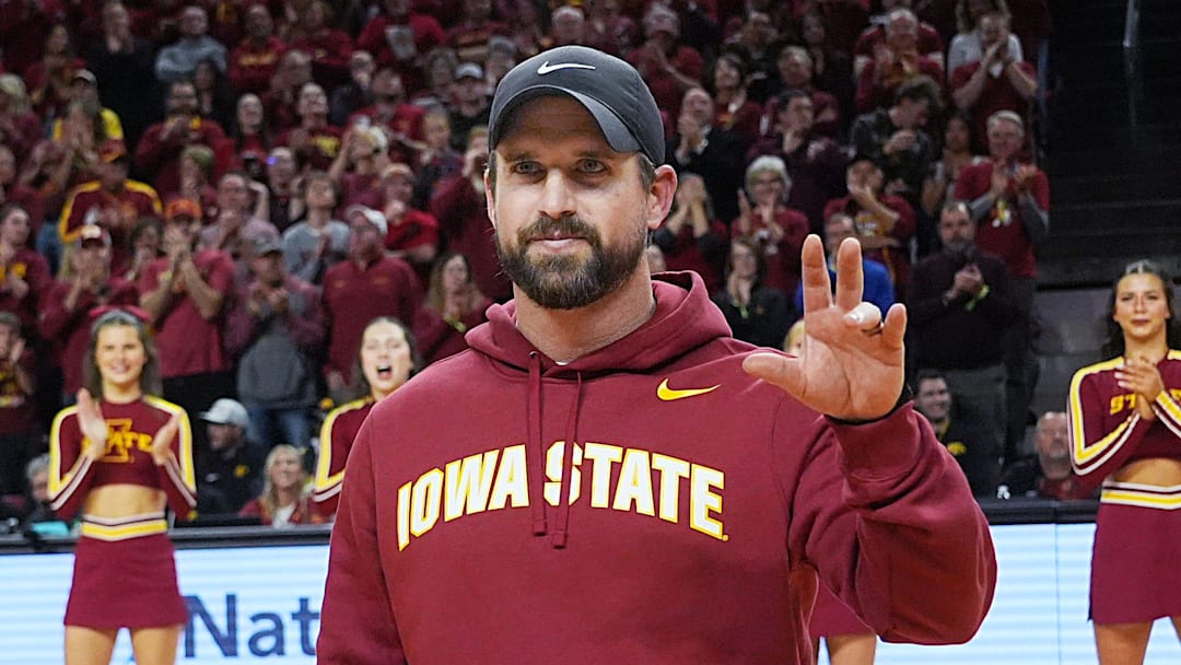 Iowa State football coach Jimmy Rogers speaks during a timeout in the first half in the Iowa State and Iowa men’s basketball Cy-Hawk series at Hilton coliseum on Dec. 11, 2025, in Ames, Iowa.
