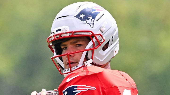 Jul 28, 2026; Foxborough, MA, USA; New England Patriots quarterback Drake Maye (10) throws a pass during training camp at Gillette Stadium. Mandatory Credit: Eric Canha-Imagn Images