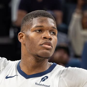 Memphis Grizzlies forward Cedric Coward reacts after a three point basket against the Indiana Pacers.