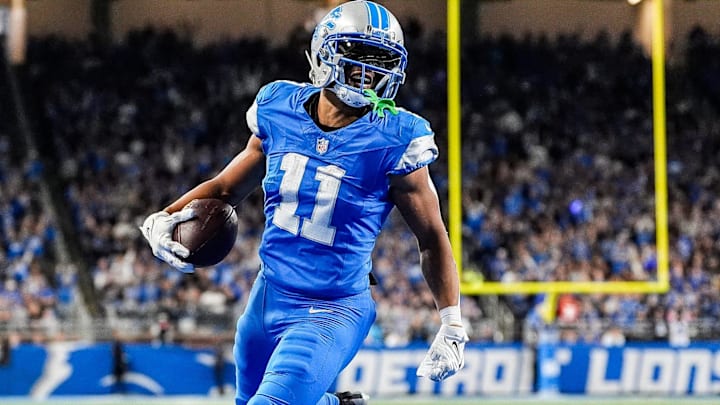 Detroit Lions kick returner Kalif Raymond (11) runs for a touchdown against the Tennessee Titans during the second half at Ford Field in Detroit on Sunday, Oct. 27, 2024.