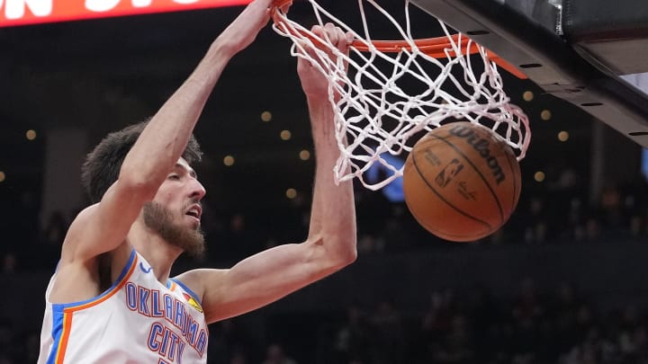 Mar 22, 2024; Toronto, Ontario, CAN; Oklahoma City Thunder forward Chet Holmgren (7) dunks a ball