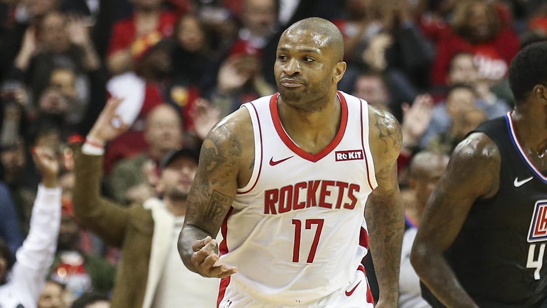 Nov 13, 2019; Houston, TX, USA; Houston Rockets forward PJ Tucker (17) reacts after scoring a basket during the second quarter against the Los Angeles Clippers at Toyota Center. Mandatory Credit: Troy Taormina-Imagn Images
