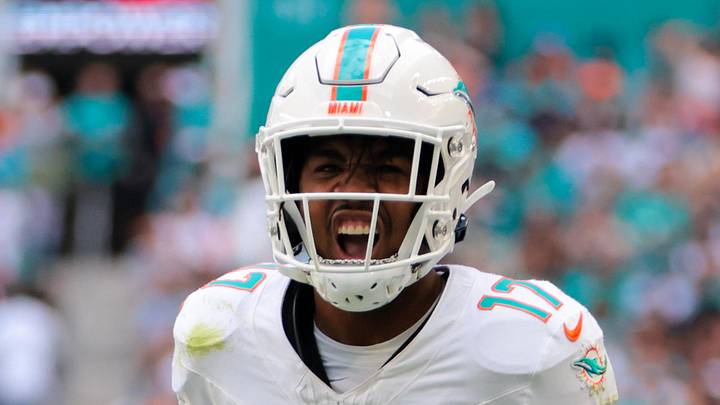Dec 8, 2024; Miami Gardens, Florida, USA; Miami Dolphins wide receiver Jaylen Waddle (17) reacts after running with the football against the New York Jets during the second quarter at Hard Rock Stadium. Mandatory Credit: Sam Navarro-Imagn Images