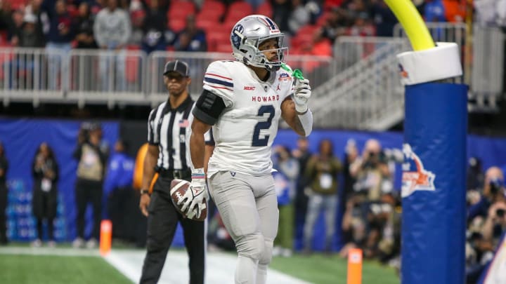 Dec 16, 2023; Atlanta, GA, USA; Howard Bison running back Jarett Hunter (2) reacts after a touchdown against the Florida A&M Rattlers in the first half at Mercedes-Benz Stadium. Mandatory Credit: Brett Davis-USA TODAY Sports
