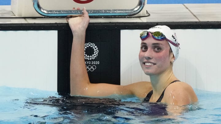 Jul 24, 2021; Tokyo, Japan; Emma Weyant (USA) reacts after competing during the women's 400m individual medley heats during the Tokyo 2020 Olympic Summer Games at Tokyo Aquatics Centre. Mandatory Credit: Rob Schumacher-USA TODAY Network