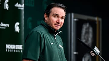 Michigan State coach Jonathan Smith talks the media on the first national signing day for college football recruits Wednesday, Dec. 4, 2024, at Spartan Stadium in East Lansing.