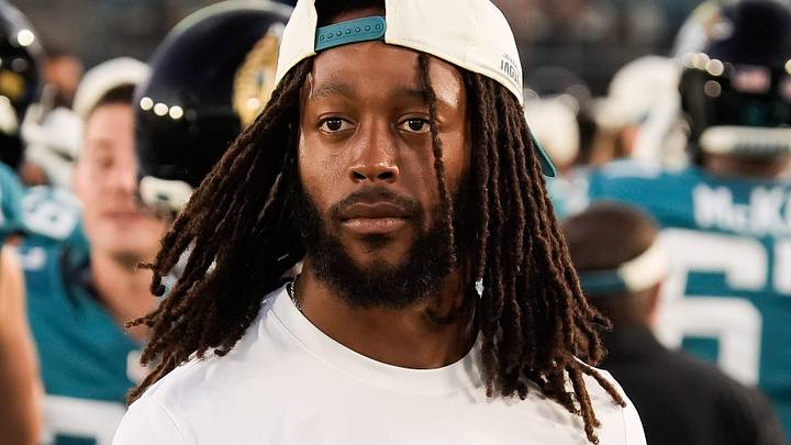 Jacksonville Jaguars wide receiver Jakobi Meyers (3) walks along the sideline with a brace on his right hand during the first half against the Carolina Panthers at EverBank Stadium in the second preseason game on Friday night, August 21, 2026 in Jacksonville, 