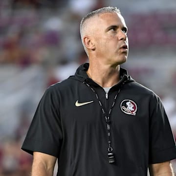 Sep 9, 2023; Tallahassee, Florida, USA; Florida State Seminoles head coach Mike Norvell before the game against the Southern Miss Golden Eagles at Doak S. Campbell Stadium. Mandatory Credit: Melina Myers-Imagn Images