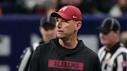 Dec 6, 2025; Atlanta, GA, USA; Alabama head coach Kalen DeBoer watches the Crimson Tide warm up before the SEC Championship Game at Mercedes-Benz Stadium. Mandatory Credit: Gary Cosby Jr.-Tuscaloosa News