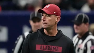 Dec 6, 2025; Atlanta, GA, USA; Alabama head coach Kalen DeBoer watches the Crimson Tide warm up before the SEC Championship Game at Mercedes-Benz Stadium. Mandatory Credit: Gary Cosby Jr.-Tuscaloosa News