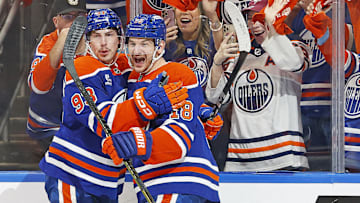 The Edmonton Oilers celebrate a goal scored by forward Ryan Nugent-Hopkins (93) 