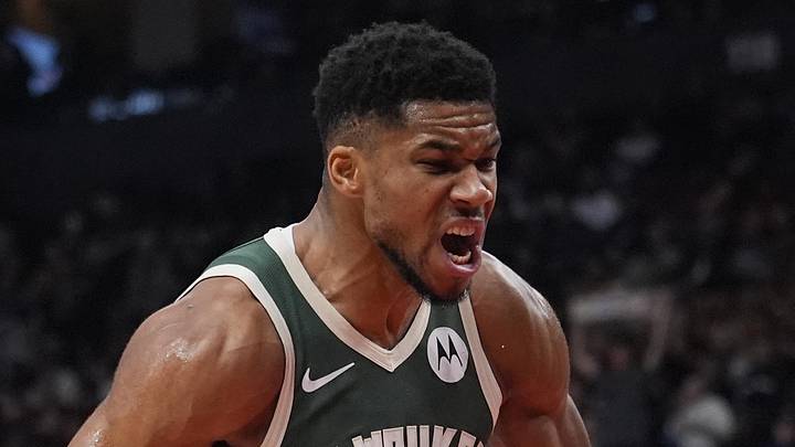 Milwaukee Bucks forward Giannis Antetokounmpo (34) reacts after making a basket against the Toronto Raptors during the first half at Scotiabank Arena on November 4, 2025.