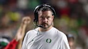 Oct 18, 2025; Piscataway, New Jersey, USA;  Oregon Ducks head coach Dan Lanning looks on during the first half against the Rutgers Scarlet Knights at SHI Stadium. Mandatory Credit: Vincent Carchietta-Imagn Images