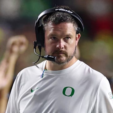 Oct 18, 2025; Piscataway, New Jersey, USA;  Oregon Ducks head coach Dan Lanning looks on during the first half against the Rutgers Scarlet Knights at SHI Stadium. Mandatory Credit: Vincent Carchietta-Imagn Images
