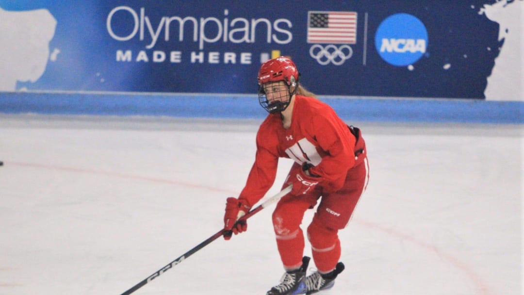 Wisconsin Kirsten Simms controls the puck during practice at the Frozen Four at Pegula Ice Arena in University Park, Pa. on March 19, 2026.