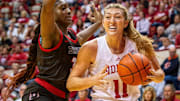 Indiana's Karoline Striplin (11) looks to score during the Indiana versus Brown women's basketball game at Simon Skjodt Assembly Hall on Monday, Nov. 4, 2024.