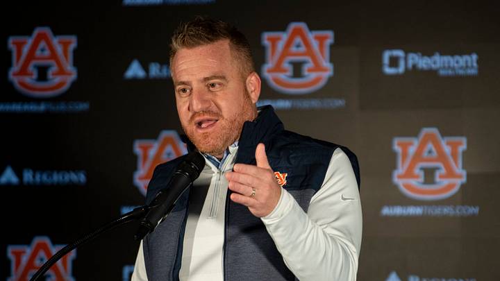 Auburn Tigers football head coach Alex Golesh speaks during a press conference at Woltosz Performance Center in Auburn, Ala. on Monday, Dec. 8, 2025.