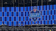 A video board displays the 2025 NFL Draft logo as the NFL Draft Theater is under construction on Thursday, April 17, 2025, at Lambeau Field in Green Bay, WI. The 2025 NFL Draft will be held April 24-26. 